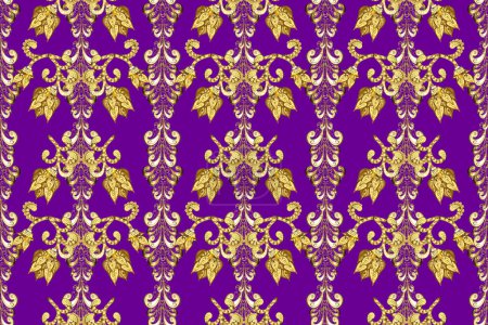 Photo for Gold on yellow, brown and purple colors. Good for greeting card for birthday, invitation or banner. Seamless pattern medieval floral royal pattern. Decorative symmetry arabesque. - Royalty Free Image