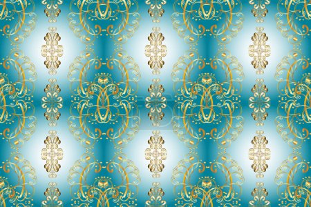 Photo for Symbol of winter, Merry Christmas holiday, Happy New Year 2019. Abstract wallpaper, wrapping decoration. Golden pattern on blue, yellow and neutral colors. Golden snowflake simple seamless pattern. - Royalty Free Image