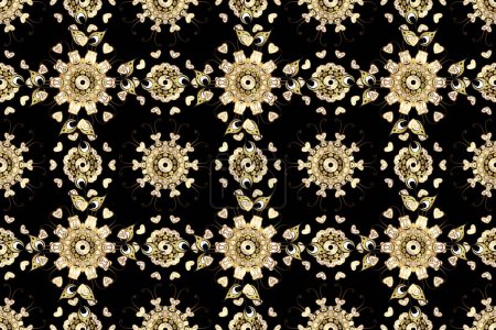 Photo for Symbol holiday, New Year celebration raster golden pattern. Golden snowflakes on brown, black and white colors. Winter snow texture wallpaper. Christmas golden snowflake seamless pattern. - Royalty Free Image