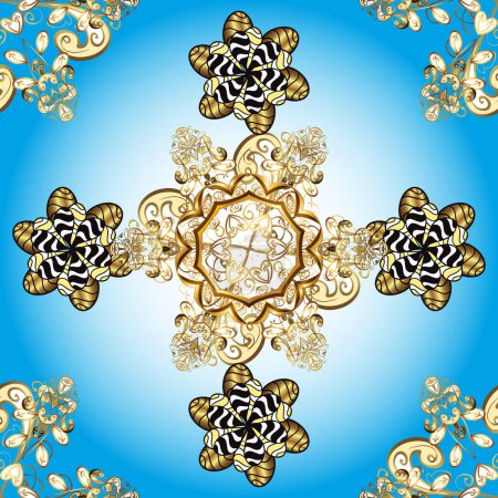 Photo for Golden mehndi seamless pattern. Ornamental floral elements with henna tattoo, golden stickers, mehndi and yoga design, cards and prints. Pattern on blue, yellow and neutral colors. - Royalty Free Image