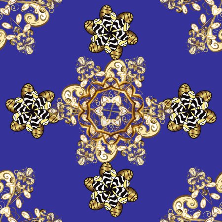Photo for Pattern on brown, blue and yellow colors. Ornamental floral elements with henna tattoo, golden stickers, mehndi and yoga design, cards and prints. Golden mehndi seamless pattern. - Royalty Free Image
