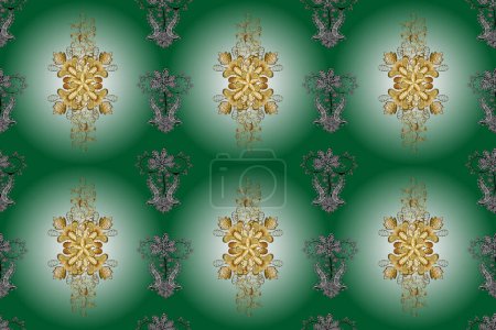Photo for Winter snow texture wallpaper. Golden snowflakes on neutral, white and green colors. Symbol holiday, New Year celebration raster golden pattern. Christmas golden snowflake seamless pattern. - Royalty Free Image