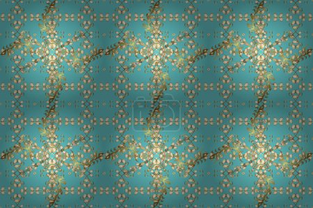Foto de Oriental traditional hand seamless border for design. Raster. Illustration in yellow, brown and blue colors. Paisley watercolor floral pattern tile with flowers, flores, leaves. Abstract background. - Imagen libre de derechos