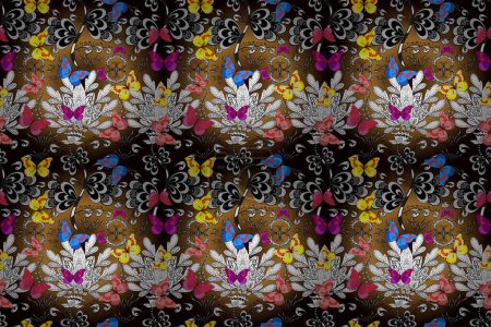 Téléchargez les photos : Cute trend butterflies. Raster traditional folk nice decor on white, black and brown background for clothing design. - en image libre de droit