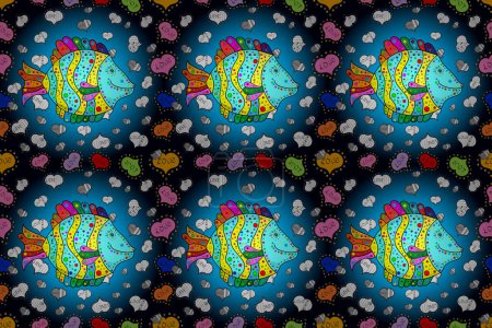 Photo for Seamless colorful background. Colorful cute texture fish pattern. Raster illustration. Fishe on white, blue and black colord. - Royalty Free Image
