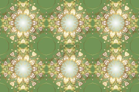 Photo for Winter snow texture wallpaper. Golden snowflakes on green, yellow and neutral colors. Symbol holiday, New Year celebration raster golden pattern. Christmas golden snowflake seamless pattern. - Royalty Free Image