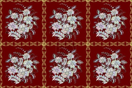 Téléchargez les photos : Dans le style textile asiatique. Fleurs sur les couleurs rouge, neutre et gris. Modèle de fleurs sans couture. Illustration matricielle. Illustration raster. - en image libre de droit