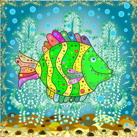 Fashionable clothes. Embroidery sea life, sea, tropical fishes seamless pattern. Classical embroidery tropical sea, wave, fishes, corals, seamless fashion pattern. Blue, green and neutral.