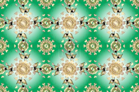 Photo for Raster golden mehndi seamless pattern. Pattern on green, neutral and white colors. Ornamental floral elements with henna tattoo, golden stickers, mehndi and yoga design, cards and prints. - Royalty Free Image