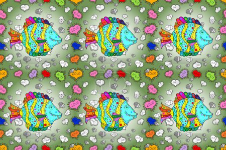 Photo for Fishe on neutral, green and gray colord. Colorful cute texture fish pattern. Raster illustration. Seamless colorful background. - Royalty Free Image