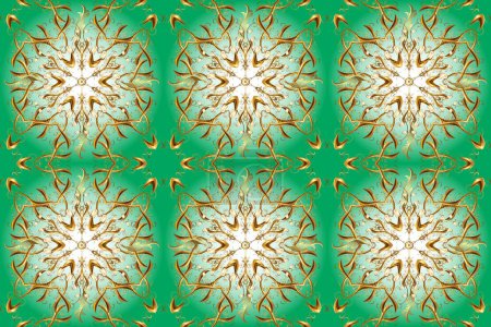 Photo for Winter snow texture wallpaper. Christmas golden snowflake seamless pattern. Golden snowflakes on green, neutral and brown colors. Symbol holiday, New Year celebration golden pattern. - Royalty Free Image