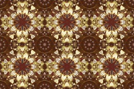 Photo for Christmas gold snowflake pattern. Golden snowflakes on brown, yellow and white colors. Symbol holiday, New Year celebration raster golden pattern with golden elements. Winter snow texture wallpaper. - Royalty Free Image