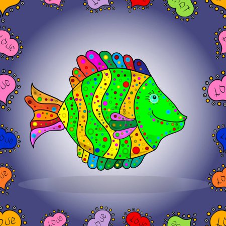 Photo for Seamless colorful background. Fishe on green, violet and neutral colord. Colorful cute texture fish pattern. - Royalty Free Image