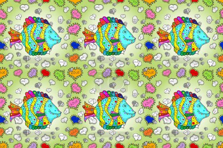 Photo for Colorful cute texture fish pattern. Fishe on neutral, blue and beige colord. Raster illustration. Seamless colorful background. - Royalty Free Image