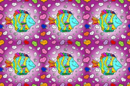 Foto de Ilustración de trama. Lindo patrón de peces textura. Fondo colorido sin costuras. Peces en colores neutros, púrpura y violeta. - Imagen libre de derechos
