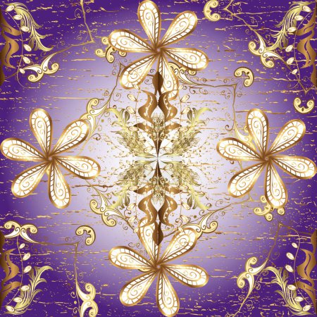 Photo for Golden snowflakes on beige, neutral and violet colors. Christmas golden snowflake seamless pattern. Winter snow texture wallpaper. Symbol holiday, New Year celebration golden pattern. - Royalty Free Image
