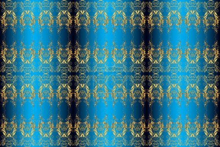 Photo for Raster golden mehndi seamless pattern. Pattern on yellow, blue and beige colors. Ornamental floral elements with henna tattoo, golden stickers, mehndi and yoga design, cards and prints. - Royalty Free Image