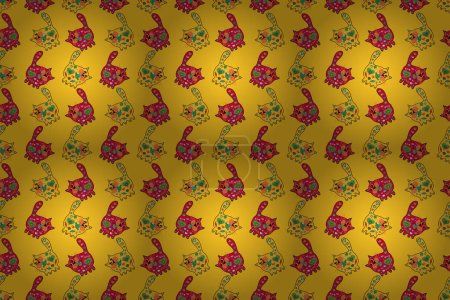 Photo for Print. Doodles orange, magenta and yellow on colors. Raster. Design wrapping and gift paper, greeting cards, banner and posters design. Fashionable fabric cat pattern. - Royalty Free Image