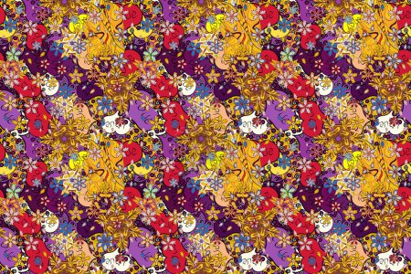 Photo for Raster. Tender fabric pattern. Seamless pattern Print. Design. Flat elements. Doodles red, black and yellow on colors. - Royalty Free Image