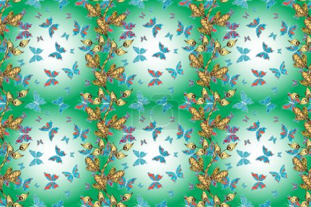 Sketch, doodle, scribble. Repeating insect fabric clipart for clothing fabric. Endless. sketch. Spring butterfly theme. Lovely seamless butterfly cloth background on blue, neutral and green.