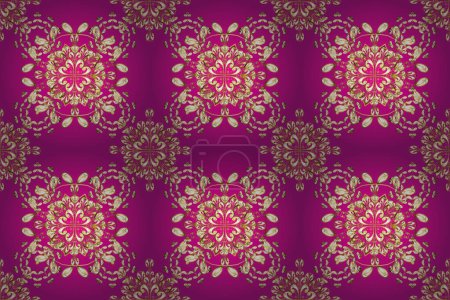 Photo for Gold Wallpaper on texture background. Golden element on beige, white and magenta colors. Damask seamless repeating background. Gold floral ornament in baroque style. - Royalty Free Image