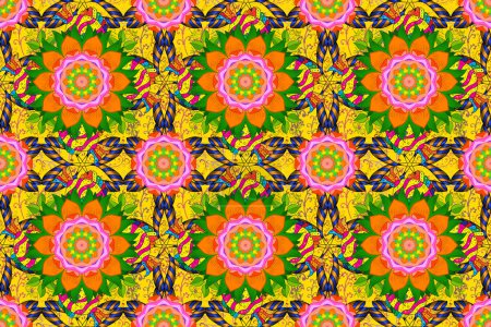 Foto de Rama de pintura de flores para la impresión de camisetas. Fondo de patrón sin costura floral. Flores en colores naranja, amarillo y verde. - Imagen libre de derechos