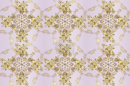 Photo for Raster golden mehndi seamless pattern. Ornamental floral elements with henna tattoo, golden stickers, mehndi and yoga design, cards and prints. Pattern on gray, neutral and brown colors. - Royalty Free Image