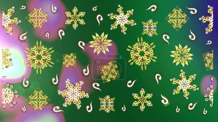Photo for Christmas golden snowflake sketch pattern. Symbol holiday, New Year celebration raster golden pattern. Golden snowflakes on green, neutral and yellow colors. Winter snow texture wallpaper. - Royalty Free Image