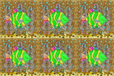 Foto de Fondo colorido sin costuras. Lindo patrón de peces textura. Peces de color marrón, neutro y verde. Ilustración de trama. - Imagen libre de derechos