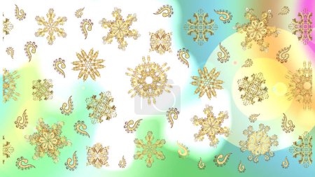 Photo for Symbol holiday, New Year celebration raster golden pattern with golden elements. Christmas gold snowflake pattern. Golden snowflakes on white, green and neutral colors. Winter snow texture wallpaper. - Royalty Free Image