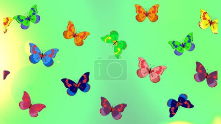 Photo for Collection of colorful butterfly on green, yellow and blue background. Sketch. Suitable for paper, fabric, packaging. Raster illustration. Simple feminine pattern for card, print, invitation. - Royalty Free Image