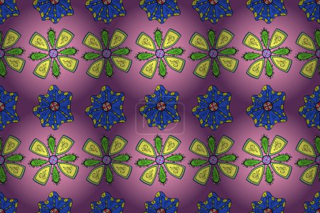 Floral purple, pink and blue seamless pattern. Vintage outline illustration. Raster flower print.
