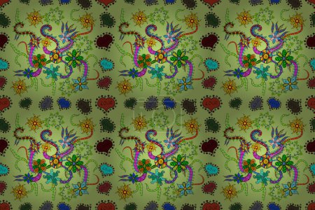Flowers on black, neutral and green colors. Raster illustration. Seamless pattern with floral ornament.