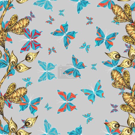 Wiederholtes Insektengewebe Cliparts für Bekleidungsstoffe. Frühling Schmetterling Thema. Endlos. Skizzieren, kritzeln, kritzeln. Schöne nahtlose Schmetterlingstuch Hintergrund auf grau, blau und gelb.