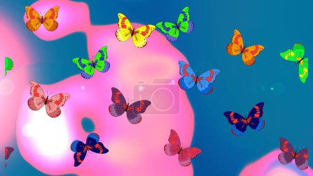 Photo for Pictures witg tropical butterflies. Perfect for wallpapers, web page backgrounds, surface textures, textile. Sketch floral summer pattern background on blue, pink and neutral colors. Raster. - Royalty Free Image