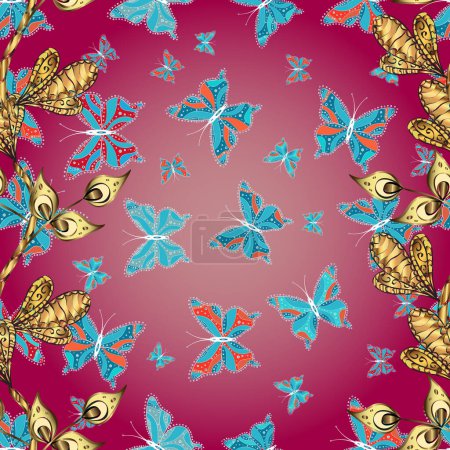 Precioso fondo de tela de mariposa sin costuras en rosa, púrpura y azul. Tema mariposa de primavera. Clipart de tela de insecto repetitivo para tela de ropa. Boceto, garabato, garabato. Sin fin..