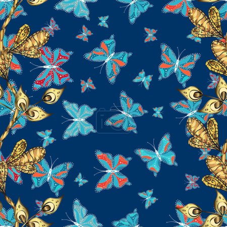 Butterflies pattern. Abstract seamless background. Pictures in blue, yellow and brown colors witg tropical butterflies. Perfect for wallpapers, web page backgrounds, surface textures, textile.