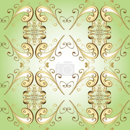 Golden elements on gray, green and neutral colors. Stylish graphic pattern. Seamless background. Floral pattern. Wallpaper baroque, damask.