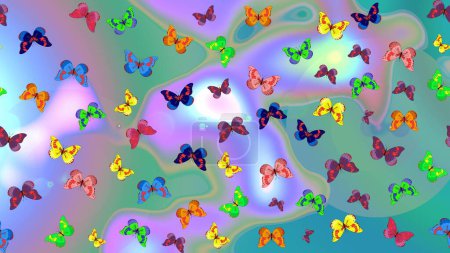 Schöne Schmetterlinge fliegen im floralen Dschungel-Design für Buchseiten. Bilder in blauen, grünen und neutralen Farben. Fantasie schöne Illustration. Skizzieren Sie Farbmuster. Raster-Illustration.