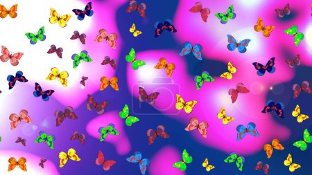 Beautiful butterfly raster pattern illustration design. Pictures in blue, violet and magenta colors.