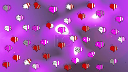 Nice violet, purple and white colors elements. Sketch Valentine heart love sketch pattern with heart. Love wedding background design. Raster illustration.