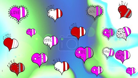 Cute hearts love on neutral, green and blue colors on nice background. Raster illustration. Sketch Sixties style mod pop art psychedelic colorful Love text design.