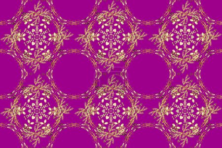 Goldenes Muster auf gelben, lila und braunen Farben mit goldenen Elementen. Islamisches Design. Nahtlose Muster orientalische Ornamente. Florale Fliesen. Goldener Textildruck.