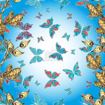 Beautiful seamless pattern of cute butterflies. Hand-drawn illustration. Fashion Fabric Design. Pictures in blue, neutral and white colors.