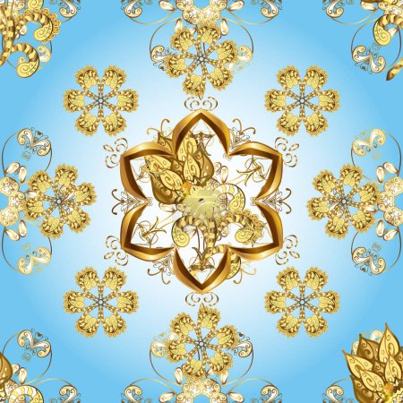 Golden floral ornament in baroque style. Golden element on neutral, yellow and blue colors. Antique golden repeatable wallpaper. Damask seamless pattern repeating background.