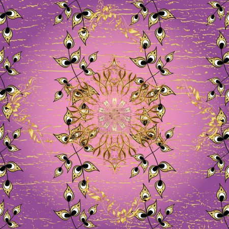 Patrón sin costura mehndi oro. Patrón en colores púrpura, violeta y rosa. Elementos florales ornamentales con tatuaje de henna, pegatinas doradas, diseño de mehndi y yoga, tarjetas y estampados.
