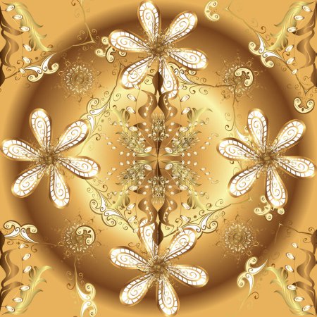 Goldenes Muster auf braunen, beigen und gelben Farben mit goldenen Elementen. Islamisches Design. Goldener Textildruck. Nahtlose Muster orientalische Ornamente. Florale Fliesen.