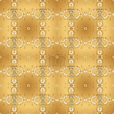 Klassisches goldenes nahtloses Muster. Floral Ornament Brokat Textilmuster, Glas, Metall mit floralem Muster auf beige, gelb und orange Farben mit goldenen Elementen.
