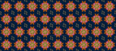 Photo for Vintage decorative elements. Hand drawn sketch on orange, yellow and blue colors. Raster seamless pattern tile with mandalas. Arabic, Indian, ottoman motifs. Perfect for printing on fabric or paper. - Royalty Free Image
