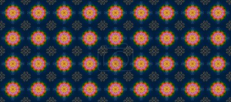 Photo for Raster Mandala. Tiled mandala design, best for print fabric or papper and more. Orange, blue and green colors. Boho style flower seamless pattern. - Royalty Free Image